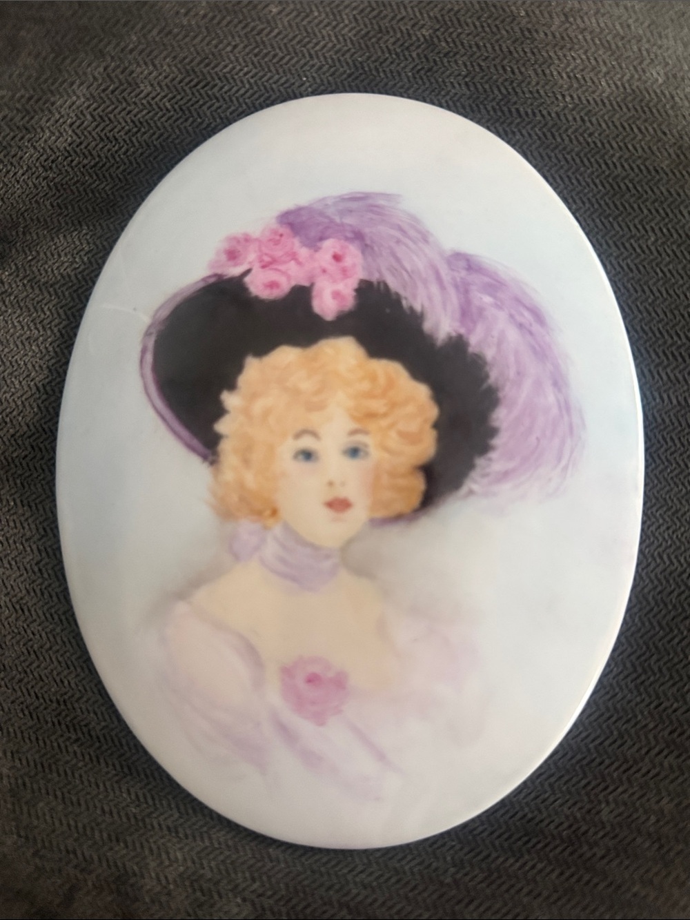 Vintage Portrait Plaque with Lavender Feathered Hat